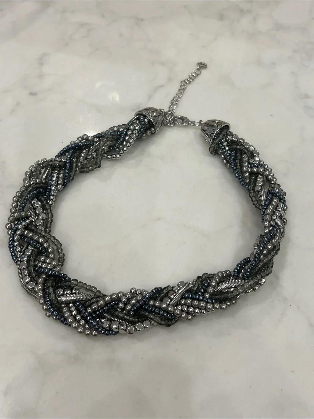 Sequin Hearts Braided Beaded Choker - Silver and Dark Blue